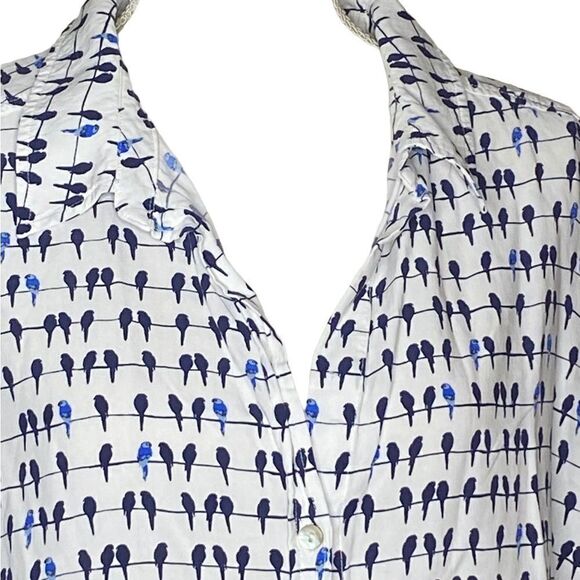 Jane & Delancey Wm’s Sz 2X White Blue Bird Print Roll Tab Sleeve Button Shirt - Picture 2 of 6
